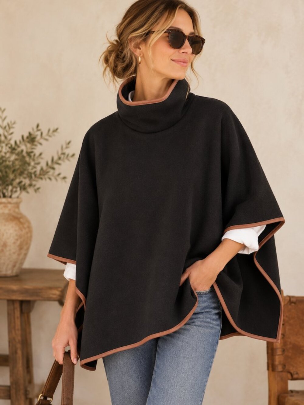 Tuckernuck Piper Leather Trim Poncho OS Equestrian Western Heritage Quiet Luxury